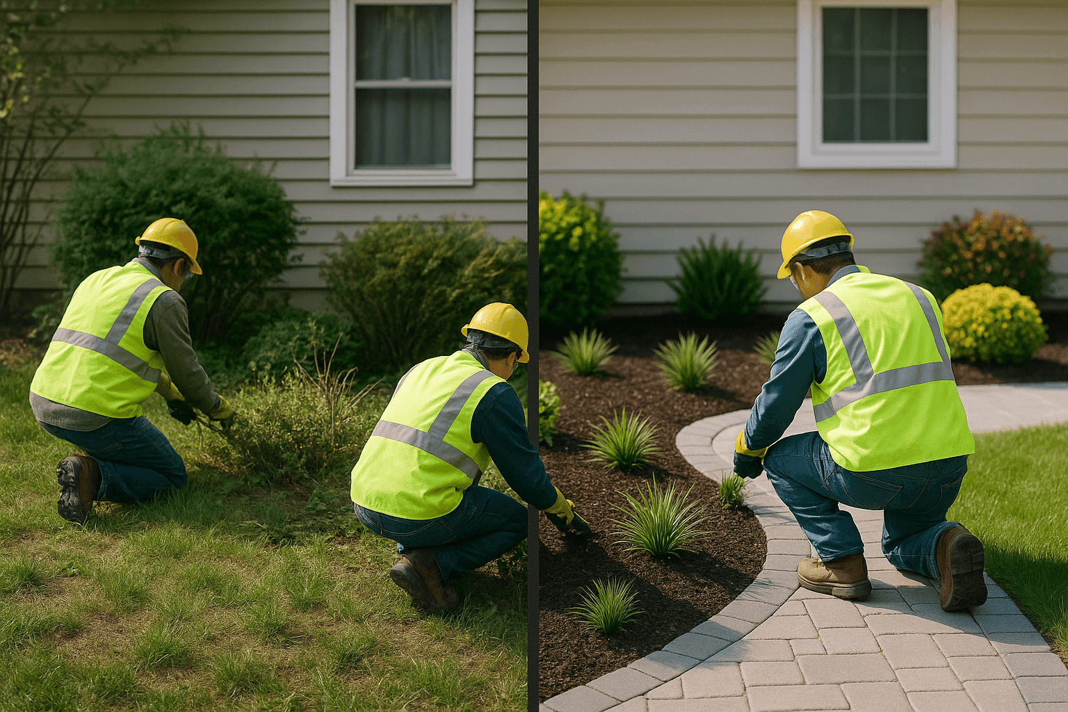 Before and after view of a renovated vs. maintained landscape area