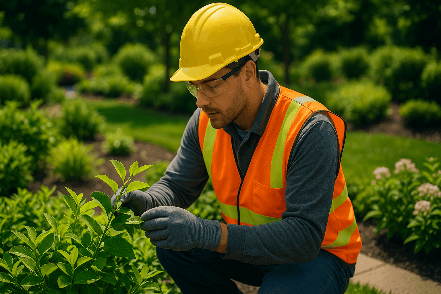 Landscaper inspecting garden plants for signs of pests