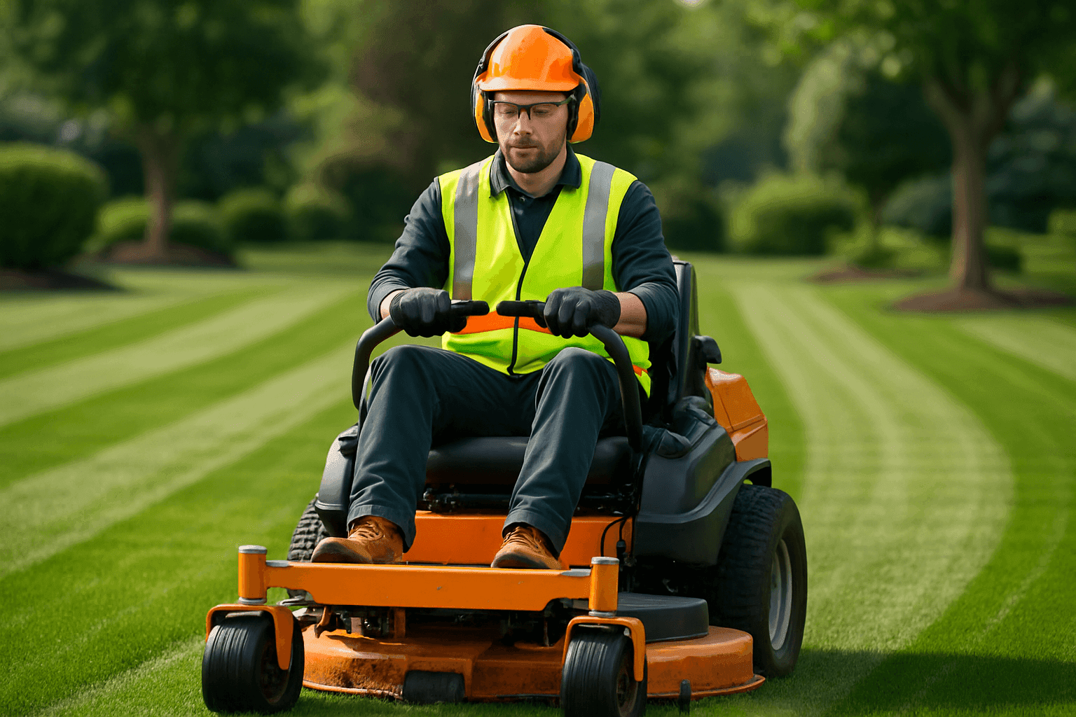 Professional landscaper mowing a large green lawn with commercial equipment